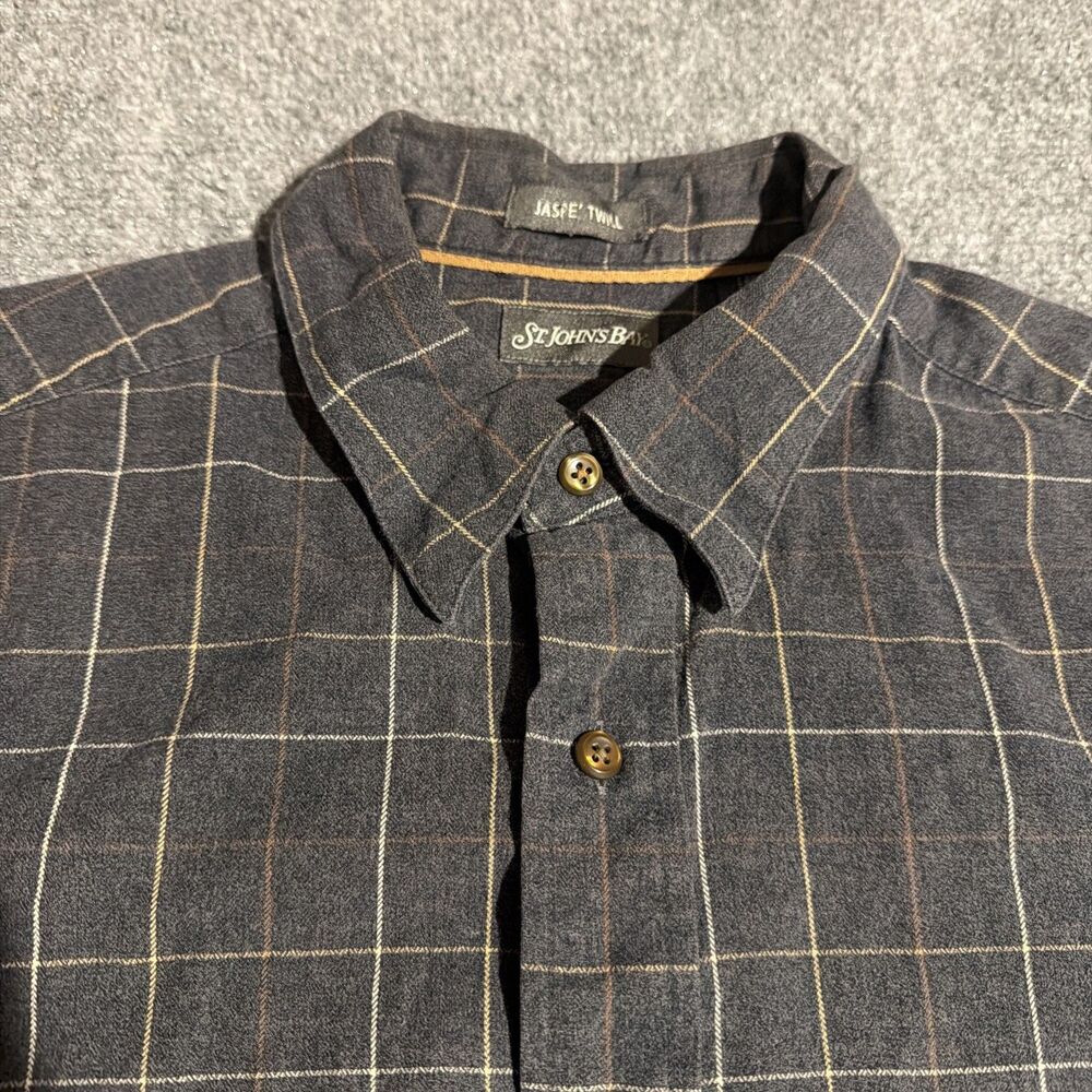 St Johns Bay Shirt Mens Large Gray Plaid Button Front Long Sleeve Jaspe 'Twill